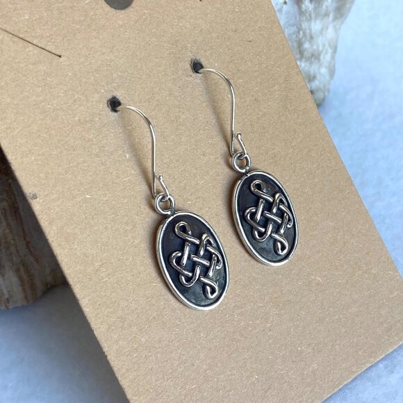 Sterling Silver 925 Signed L.M. Oval Oxidized Celtic Knot Dangle Drop Earrings - Picture 2 of 16